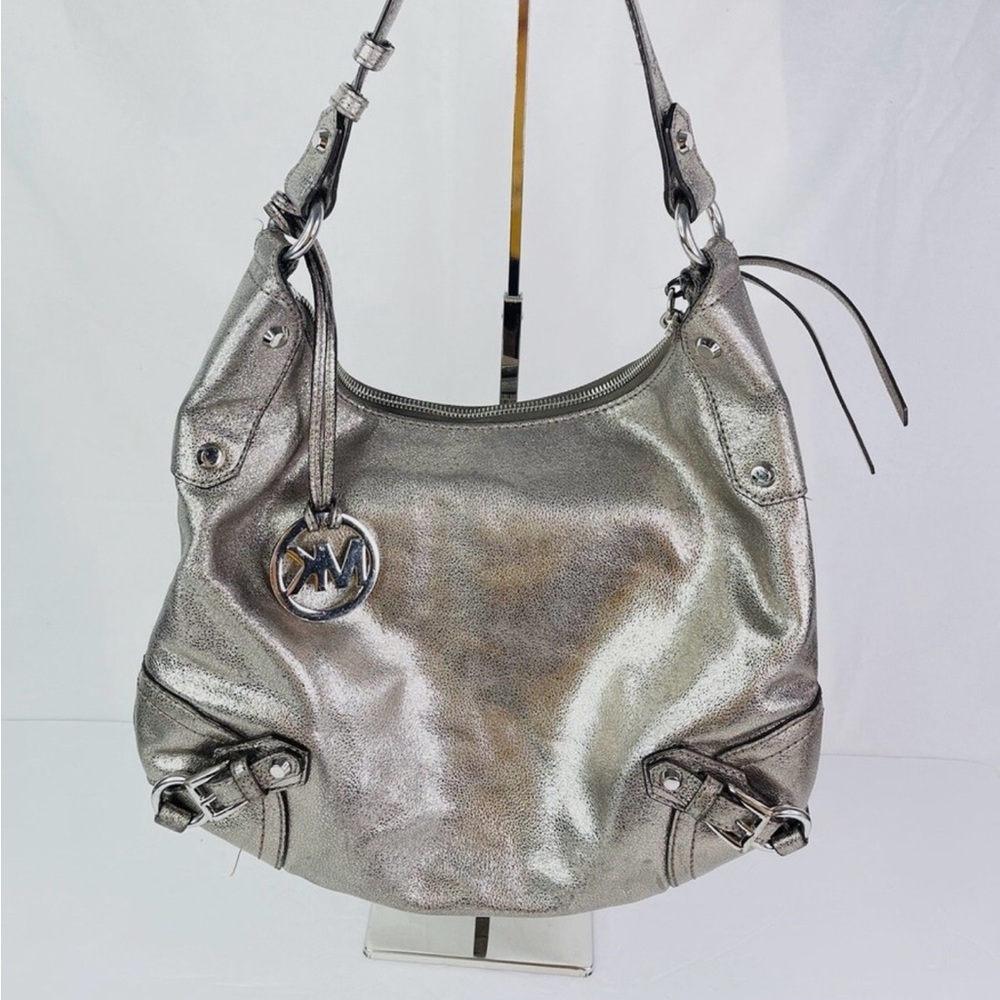 Michael Kors Pewter Gunmetal Metallic Leather Studded Satchel Shoulder Bag Purse